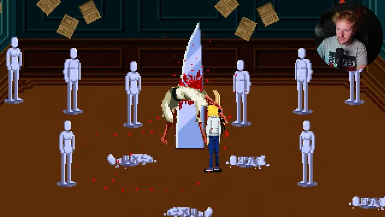 Tenebris Somnia Agonal Stone Sanguis impaled on the corridor blade among mannequins