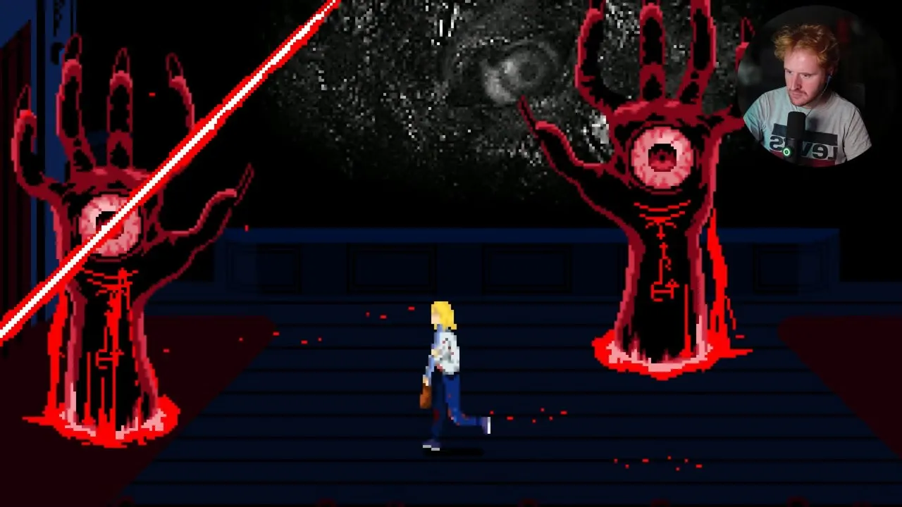 Tenebris Somnia final boss: Julia moving between giant hands as a red energy beam crosses the arena