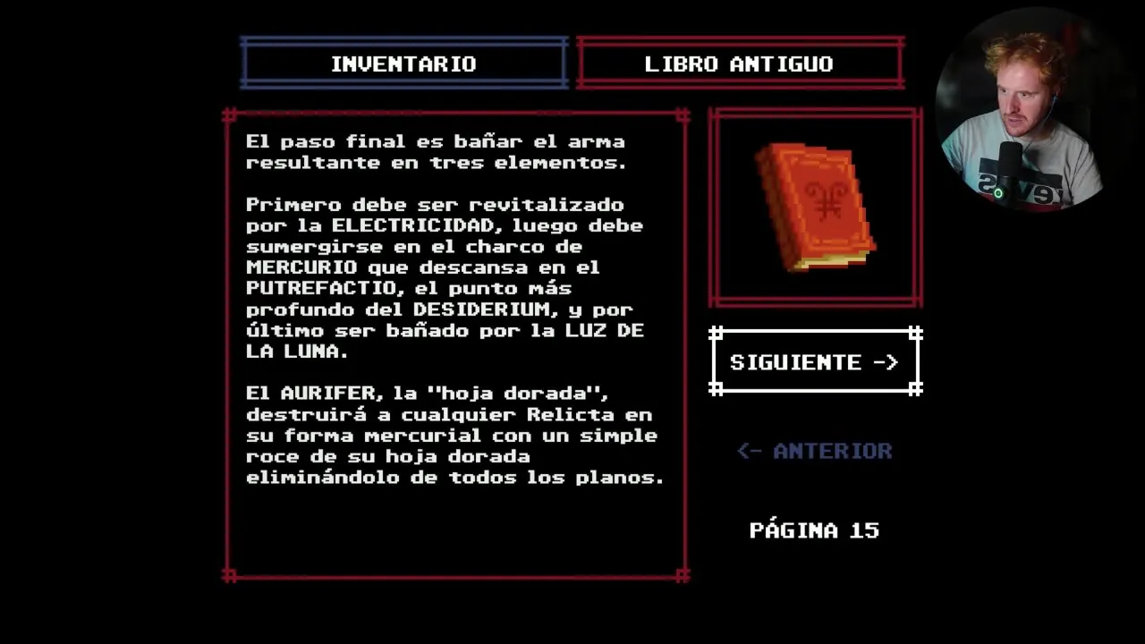 Tenebris Somnia Aurifer walkthrough: Ancient Book page 15 with the elemental recipe and orange book icon