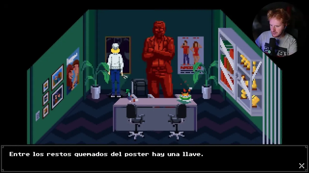 Tenebris Somnia second floor Julia at the poster frame beside a red statue and trophy cabinet
