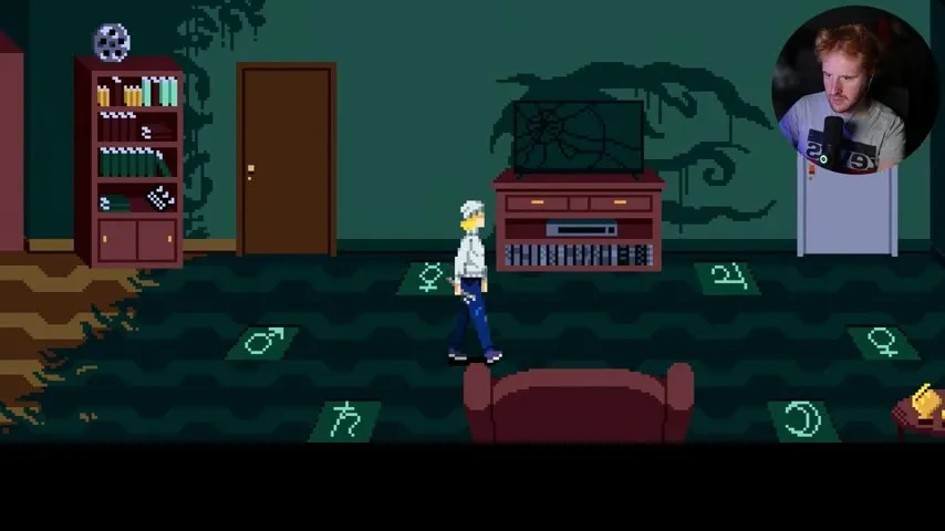 Tenebris Somnia second floor television room with symbol tiles on the floor