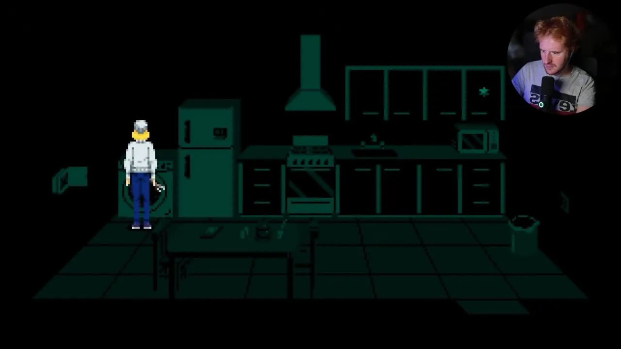 Tenebris Somnia TV puzzle kitchen with Julia at the washing machine beside the refrigerator
